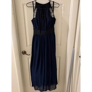 BCBGeneration Navy Blue Lace Chiffon Maxi Gown Dress Wms 4 Romantic Formal EUC
